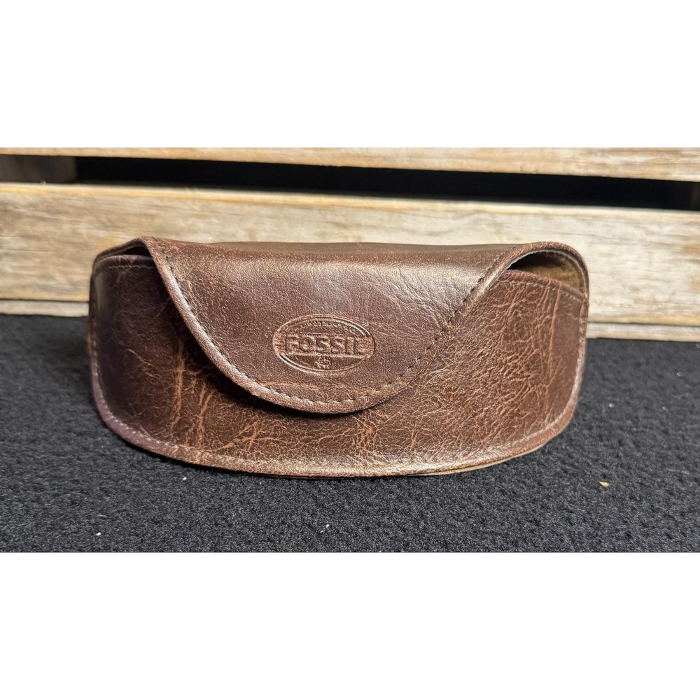 Fossil Brown Leather Semi-Hard Eyeglass Sunglass Case Flip Top Felt Lining
